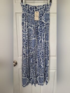 Salty Lemon Womens Pants Size L Blue White Boho Print Wide Leg Smocked NWT